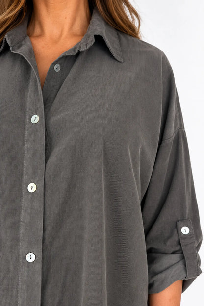 Pure Cotton Needlecord Button Sleeve Milan Button Shirt - Mocha