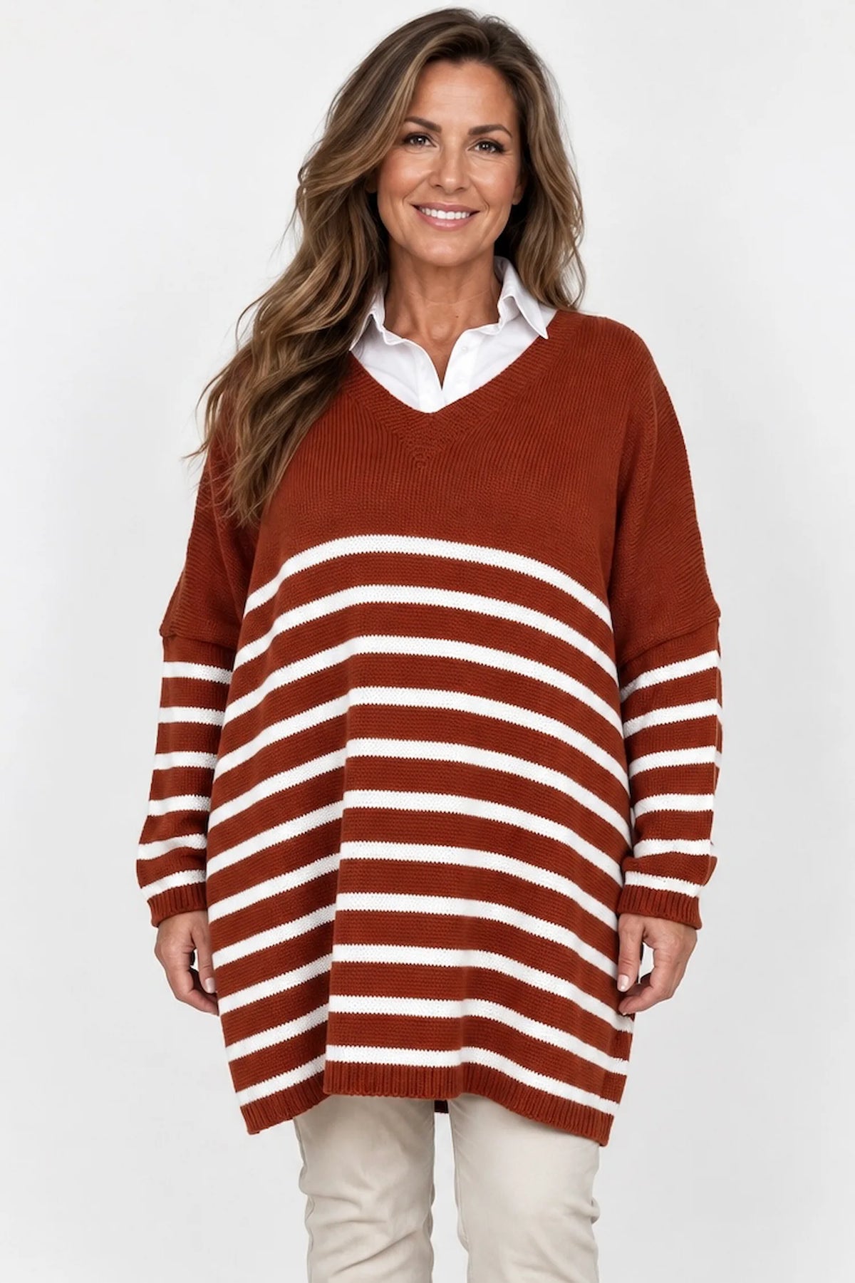 Wool Mix Stripped Diana Top - Burnt Orange