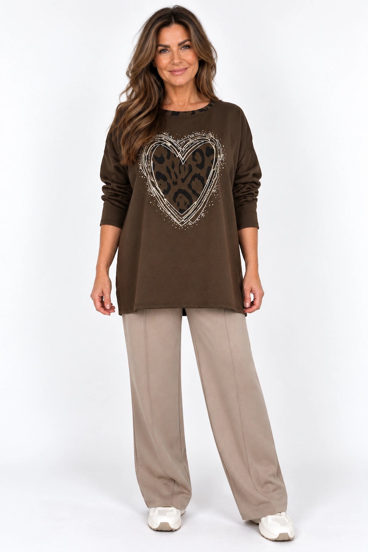 Leopard Trim Diamanté Heart Lexi Top - Chocolate