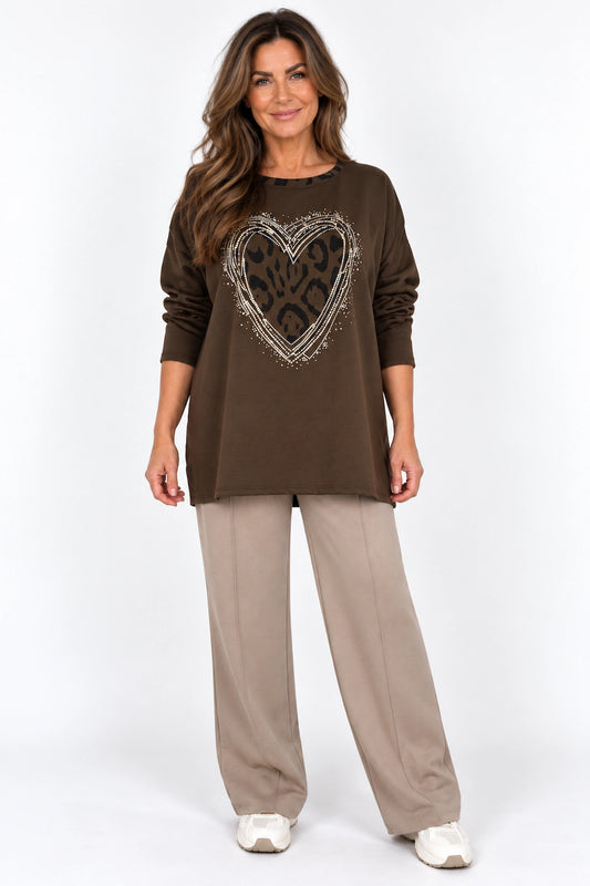 Leopard Trim Diamanté Heart Lexi Top - Chocolate
