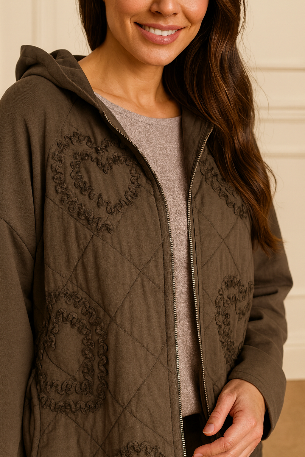 Cotton Embroidered Heart Amélie Hooded Jacket - Chocolate