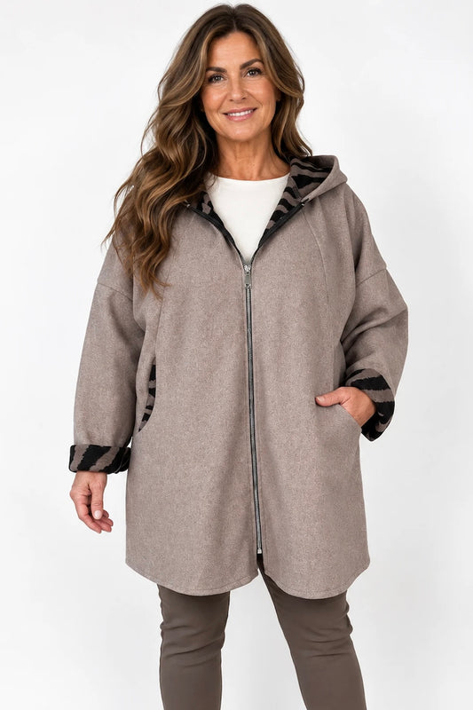 Double Pocket Zipped Contrast Animal Print Lined Valentina Brushed Hooded Coat - Mocha