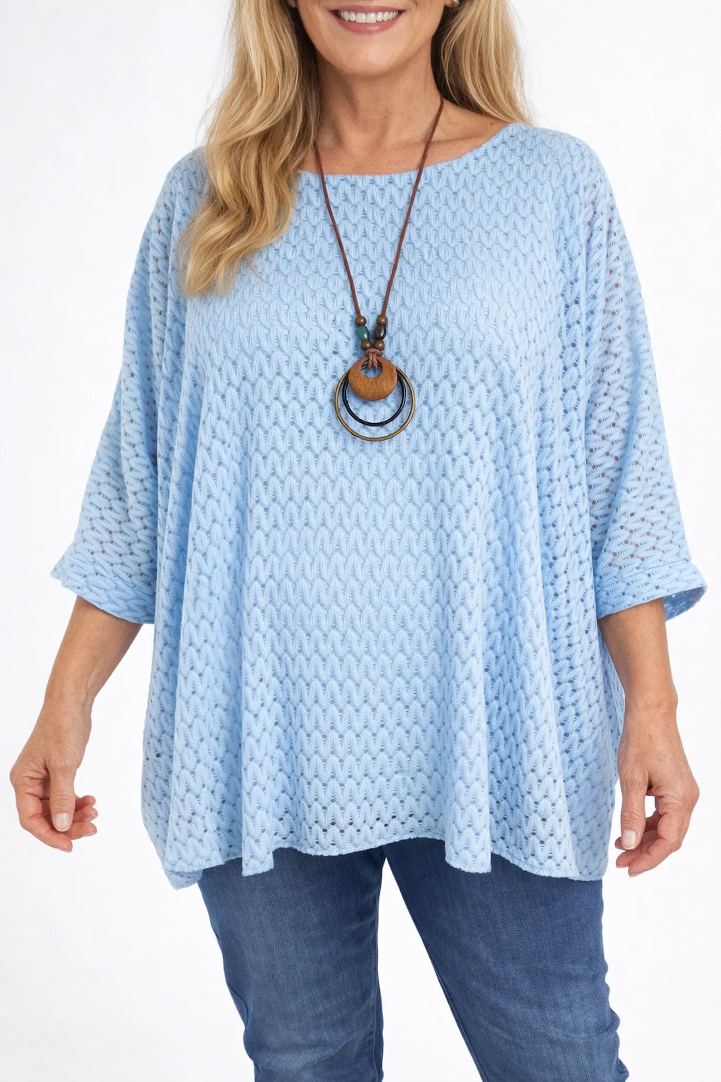 Fully Lined Marcella Batwing Crochet Necklace Top - Baby Blue