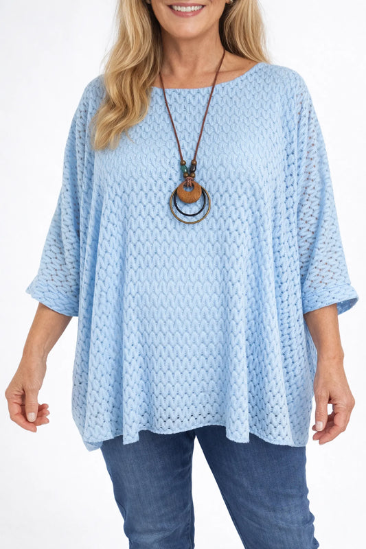 Fully Lined Marcella Batwing Crochet Necklace Top - Baby Blue