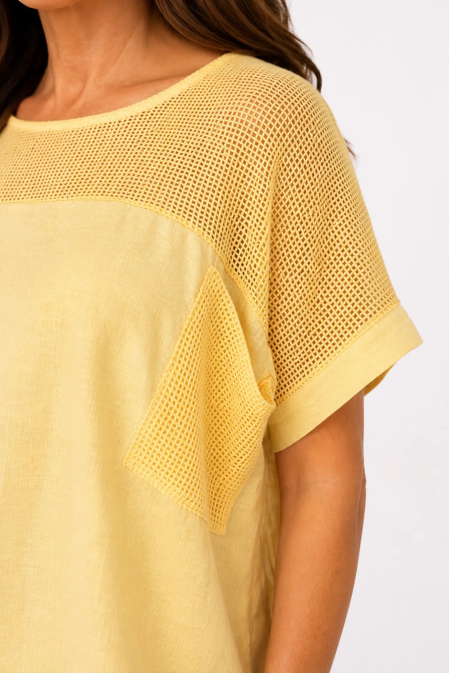 Linen Cotton Mix Mesh Detail Amalfi Pocket Top - Sunwashed Lemon