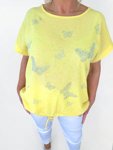 Linen Mix Diamanté Butterfly Tied Detail Top - Lemon