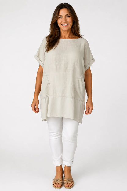 Double Pocket Cotton Verity Tunic Top - Beige