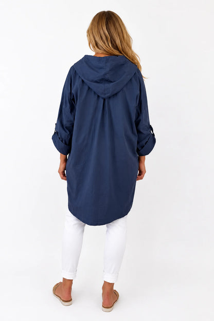 Cotton Double Flap Pocket Button Sleeve Izzy Hooded Overshirt - Navy