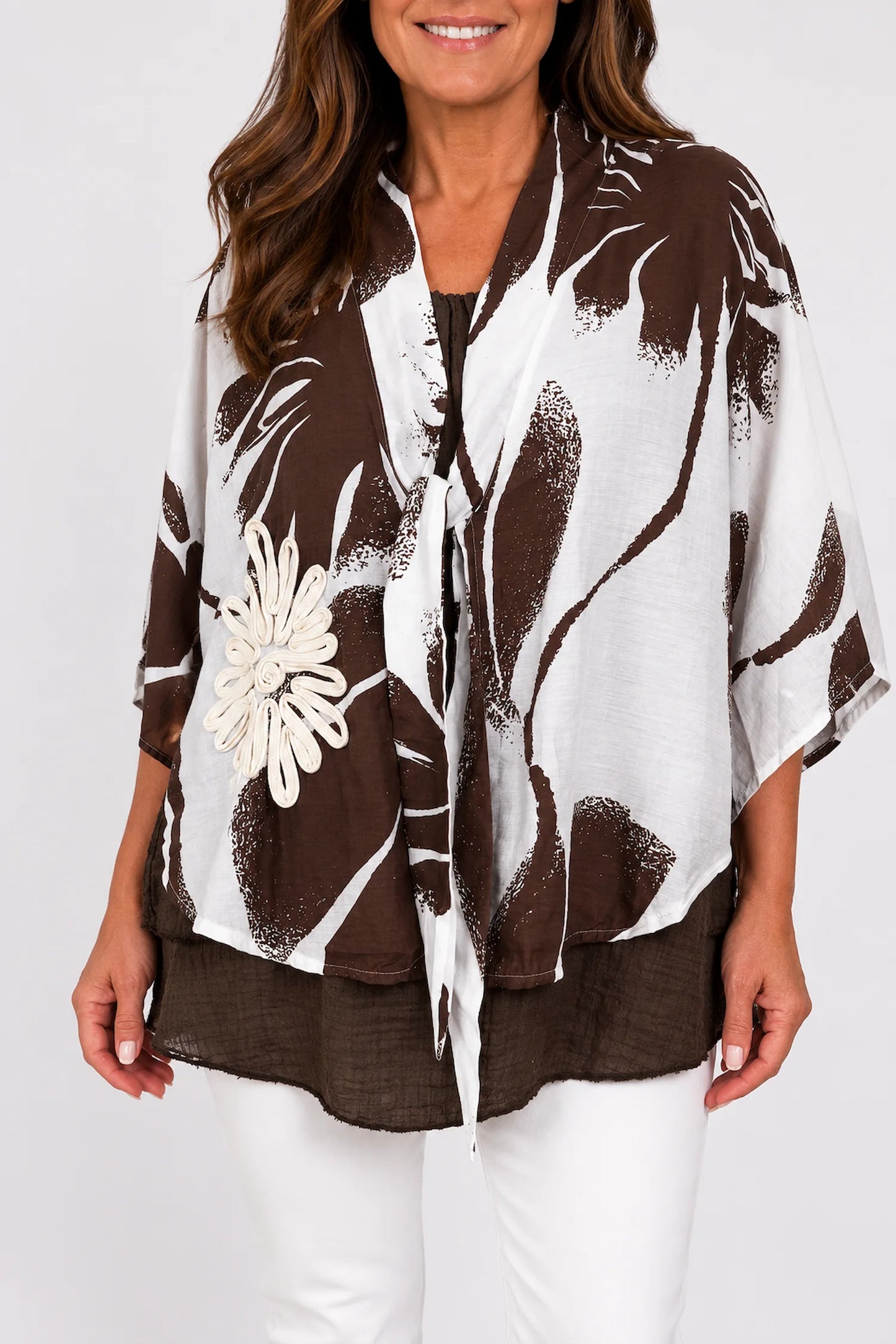 Tie Front Embroidered Floral Detail Batwing Alexa Cover Up - Chocolate