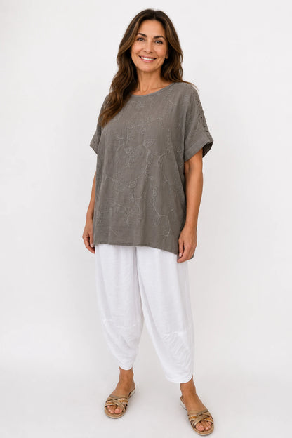Pure Cotton Embroidery Anglaise Crochet Sleeve Devure Top - Mocha