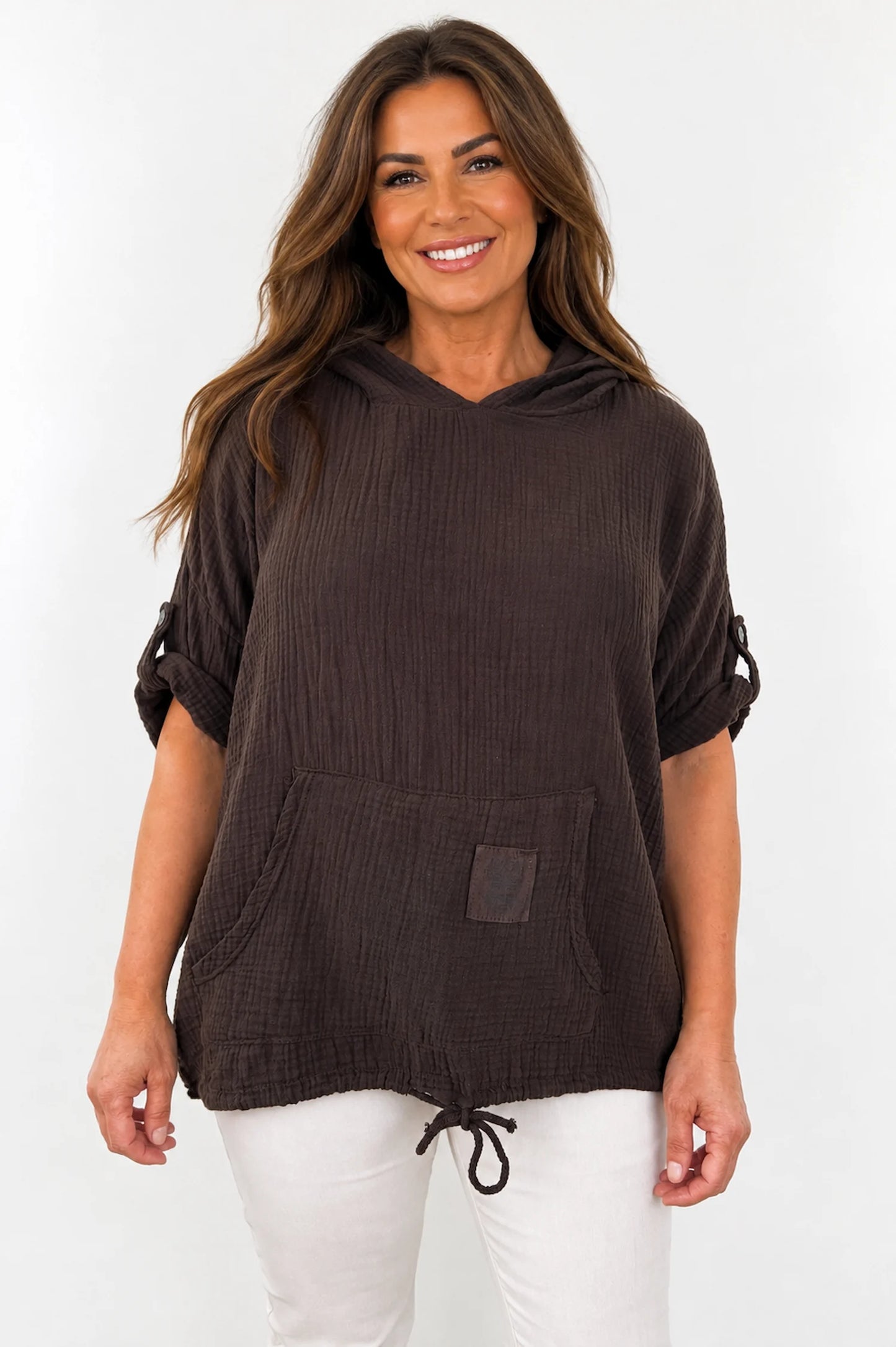 Pure Bubble Cotton Button Sleeve Badge Detail Pocketed Zara Hoodie - Chocolate