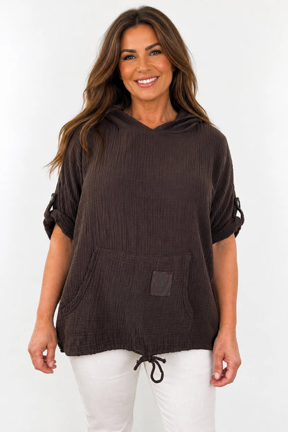 Pure Bubble Cotton Button Sleeve Badge Detail Pocketed Zara Hoodie - Chocolate