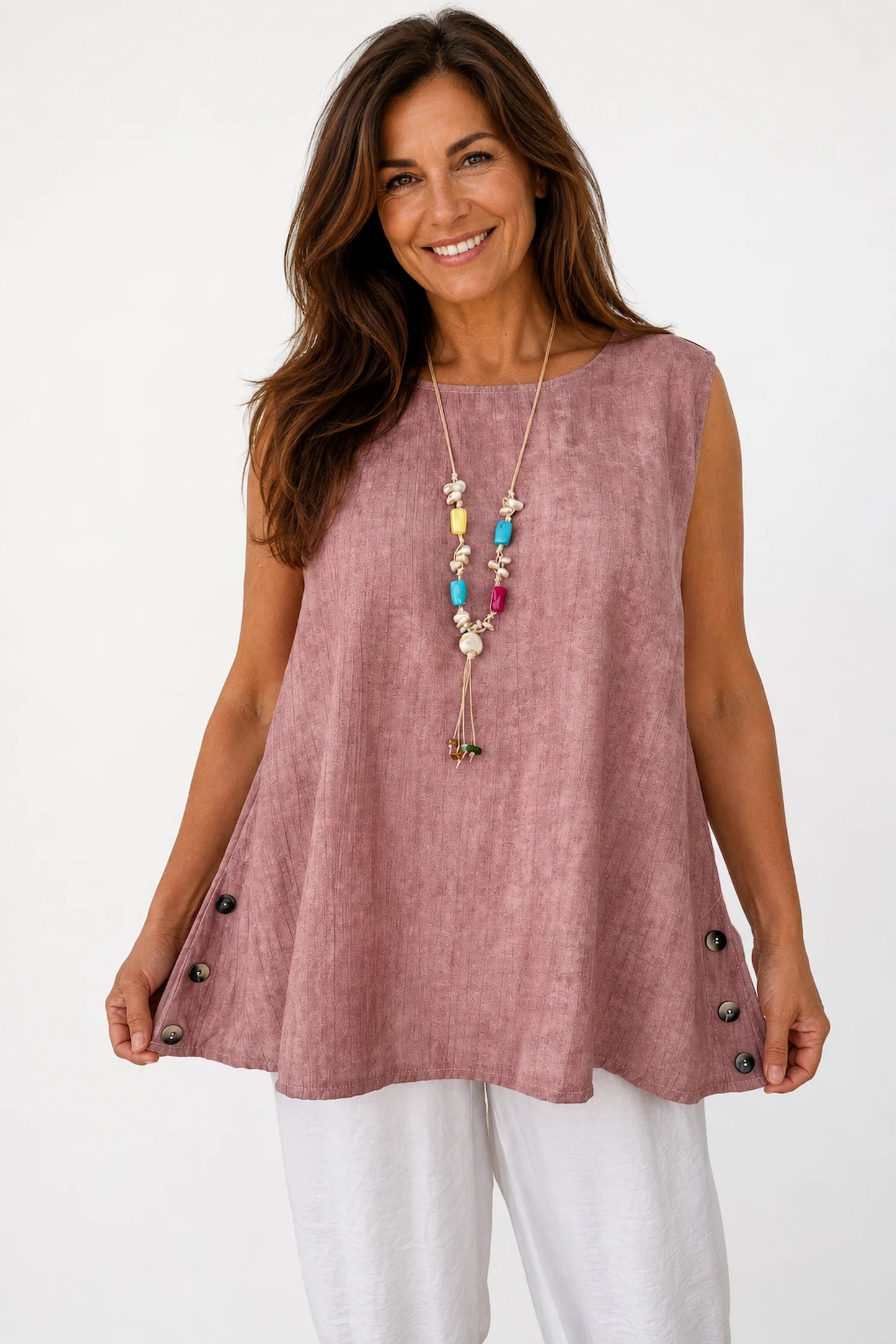 Lightly Textured Button Detail Carla Necklace Vest - Washed Vintage Rose