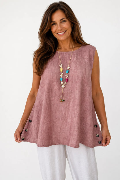 Lightly Textured Button Detail Carla Necklace Vest - Washed Vintage Rose