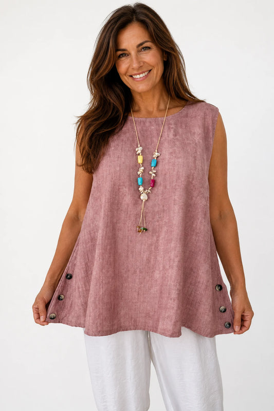 Lightly Textured Button Detail Carla Necklace Vest - Washed Vintage Rose