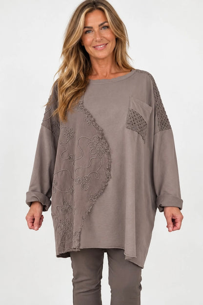 Cotton Raw Edge Hem Embroidery Anglaise Detail Crochet Shoulder Bellia Pocket Top - Mocha