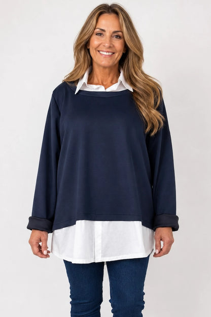 Faux Shirt Layered Milan Top - Navy