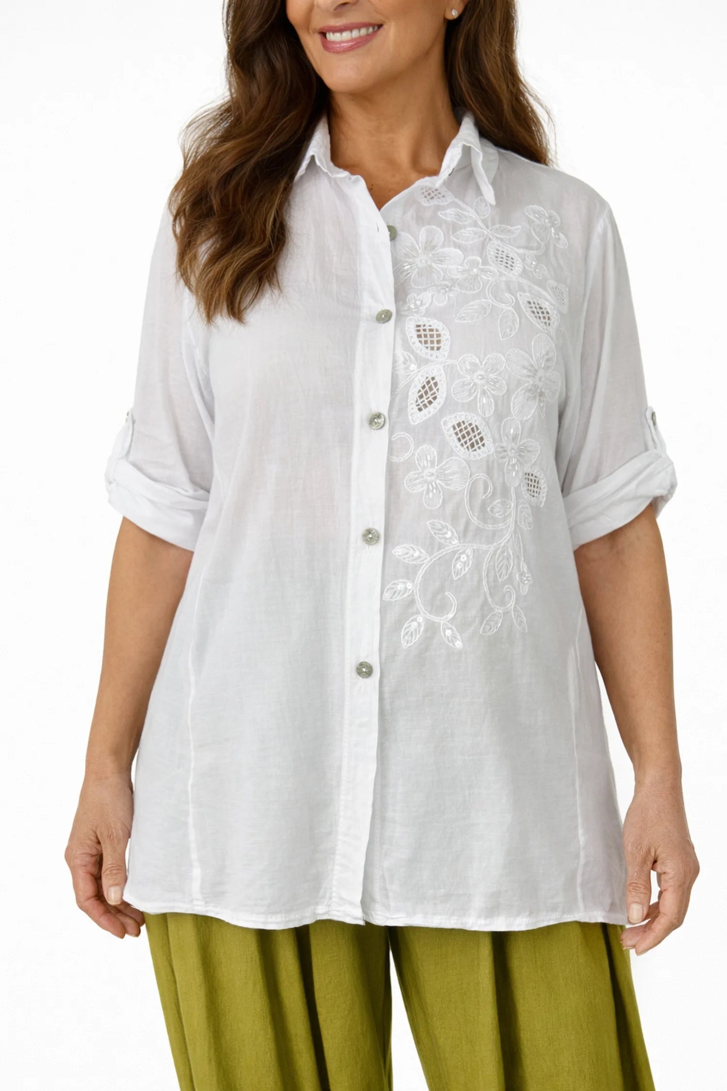 Cotton Embroidered Sequin Floral Button Sleeve Bella Lune Shirt - White