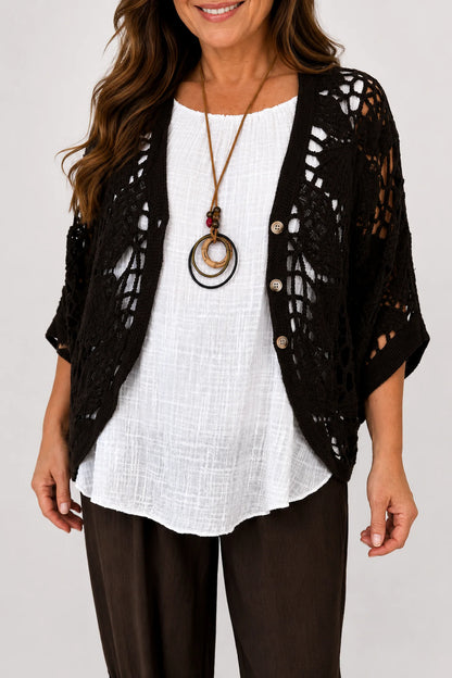 Pure Cotton Sadie Batwing Button Crochet Cardigan - Chocolate