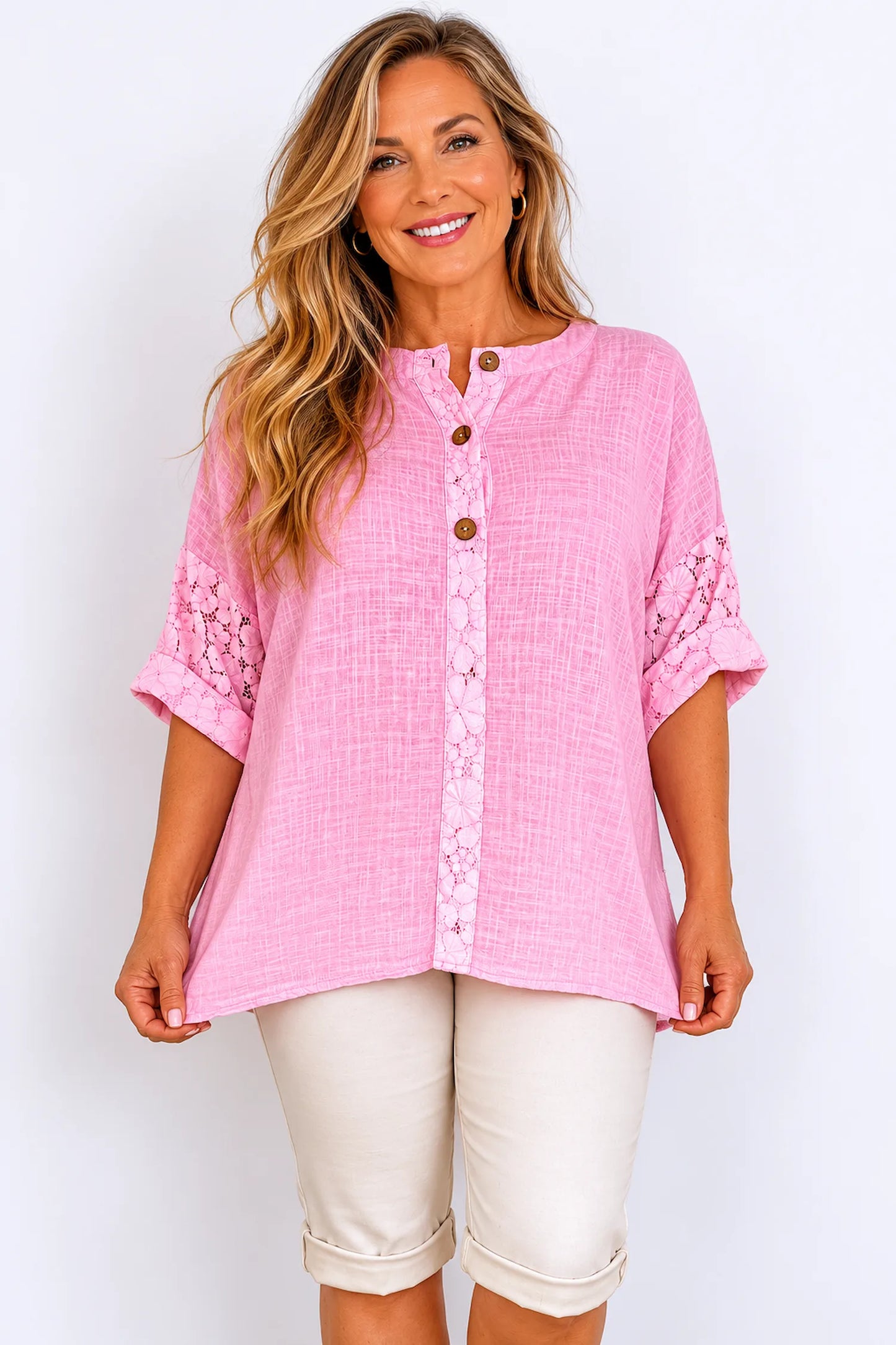 Linen Look Cotton Lace Sleeve Calabri Button Top - Baby Pink