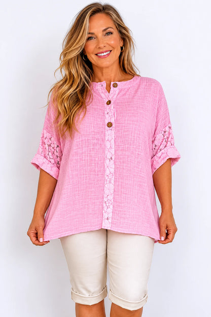 Linen Look Cotton Lace Sleeve Calabri Button Top - Baby Pink