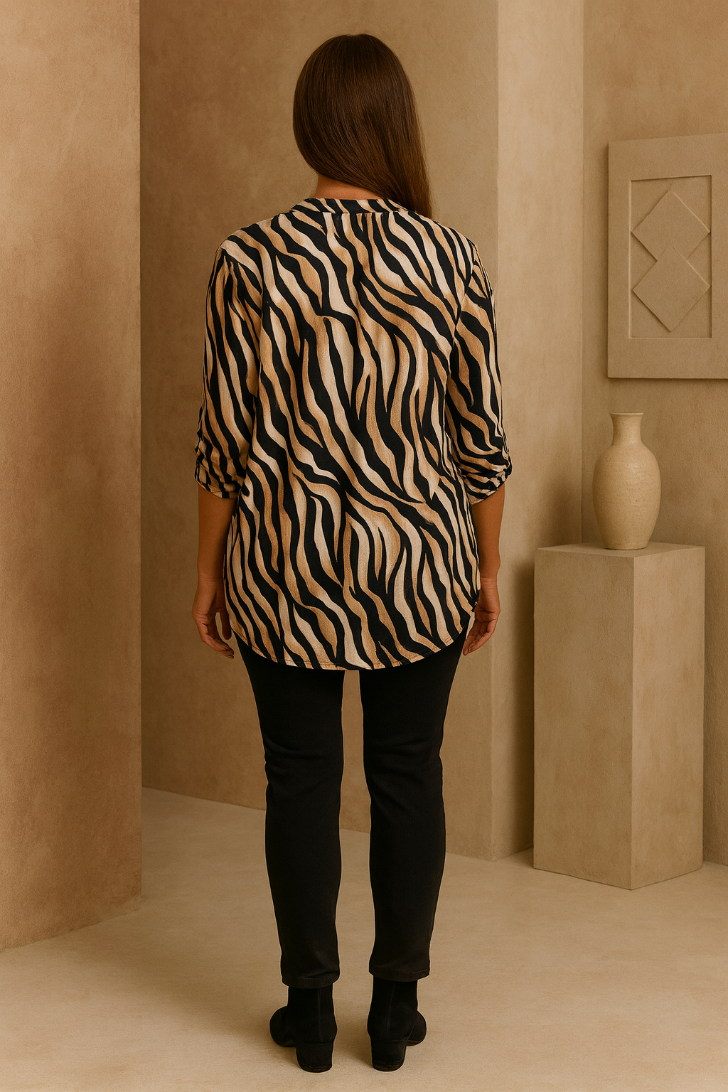 Soft Stitch Button Sleeve Cari Shirt - Beige/Black/White