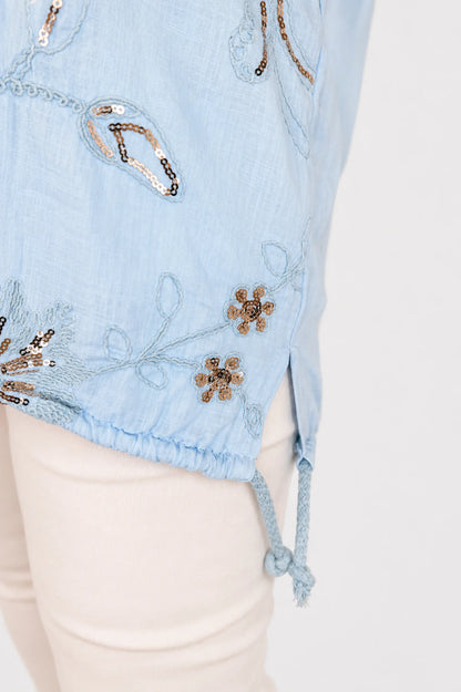 Pure Cotton Embroidery Anglaise Sequin Golden Sparkle Floral Tied Detail Rosa Top- Baby Blue