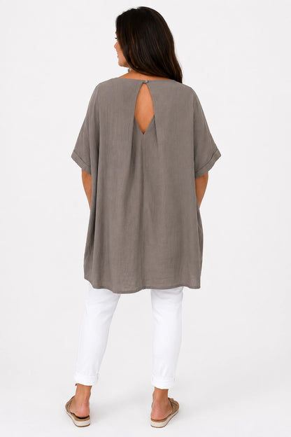 Pure Cotton Premium Stitch Button Back Jenni Top - Mocha
