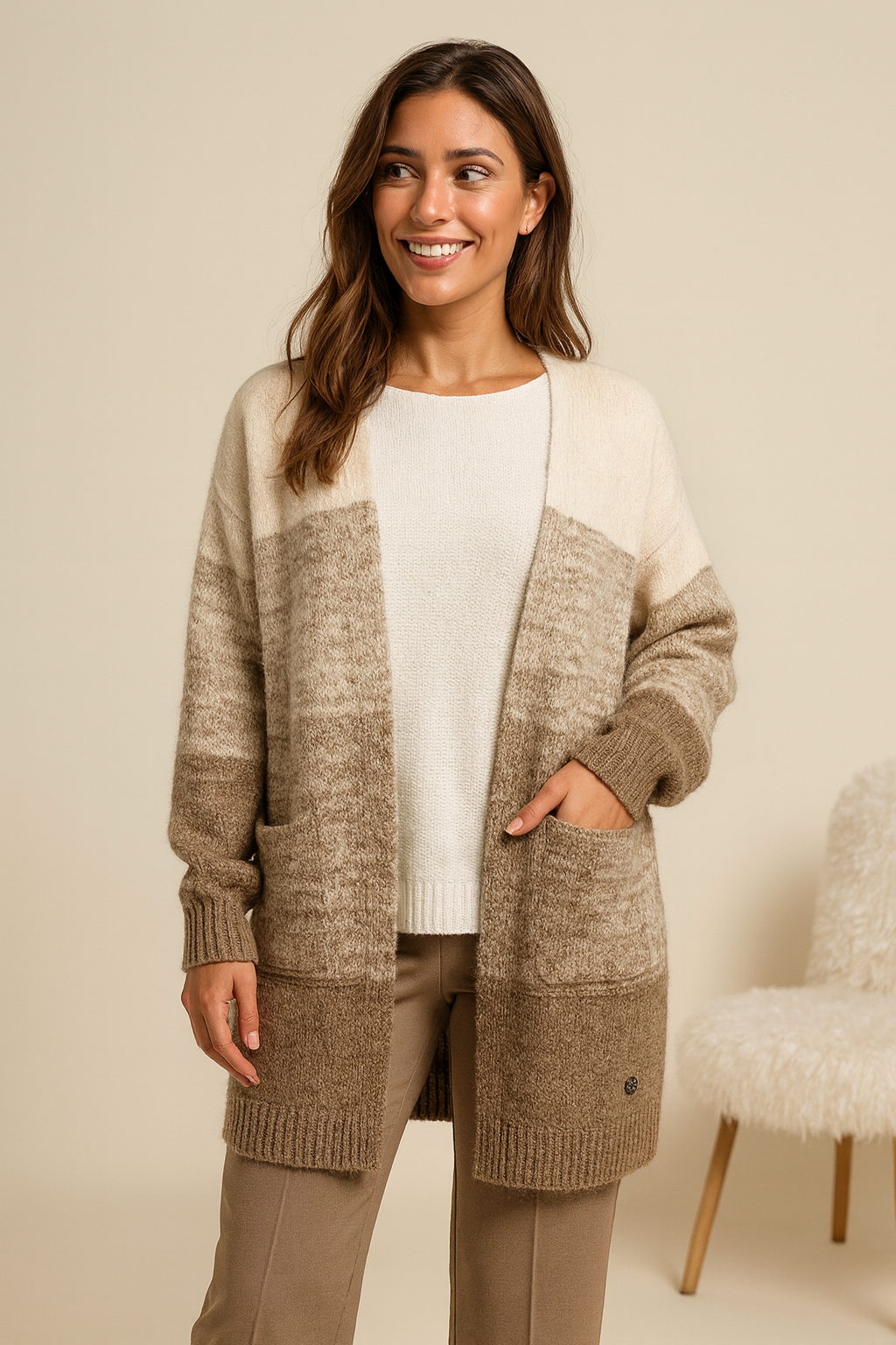 Wool Mix Double Pocket Oxford Cardigan - Mocha