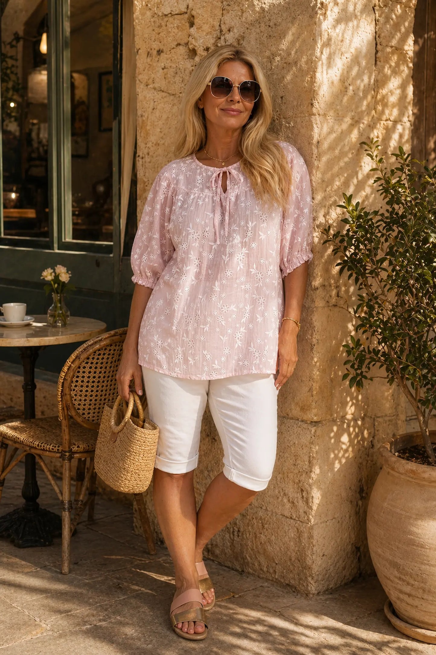 Embroidered Floral Tied Detail Calara Blouse - Baby Pink