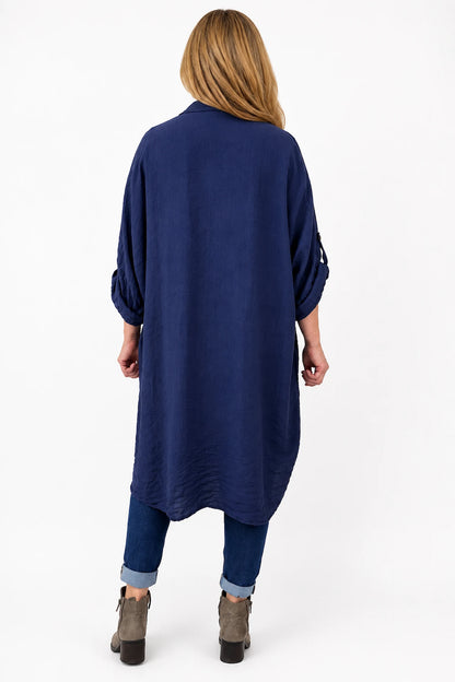 Button Sleeve Maxine Longline Button Shirt - Navy
