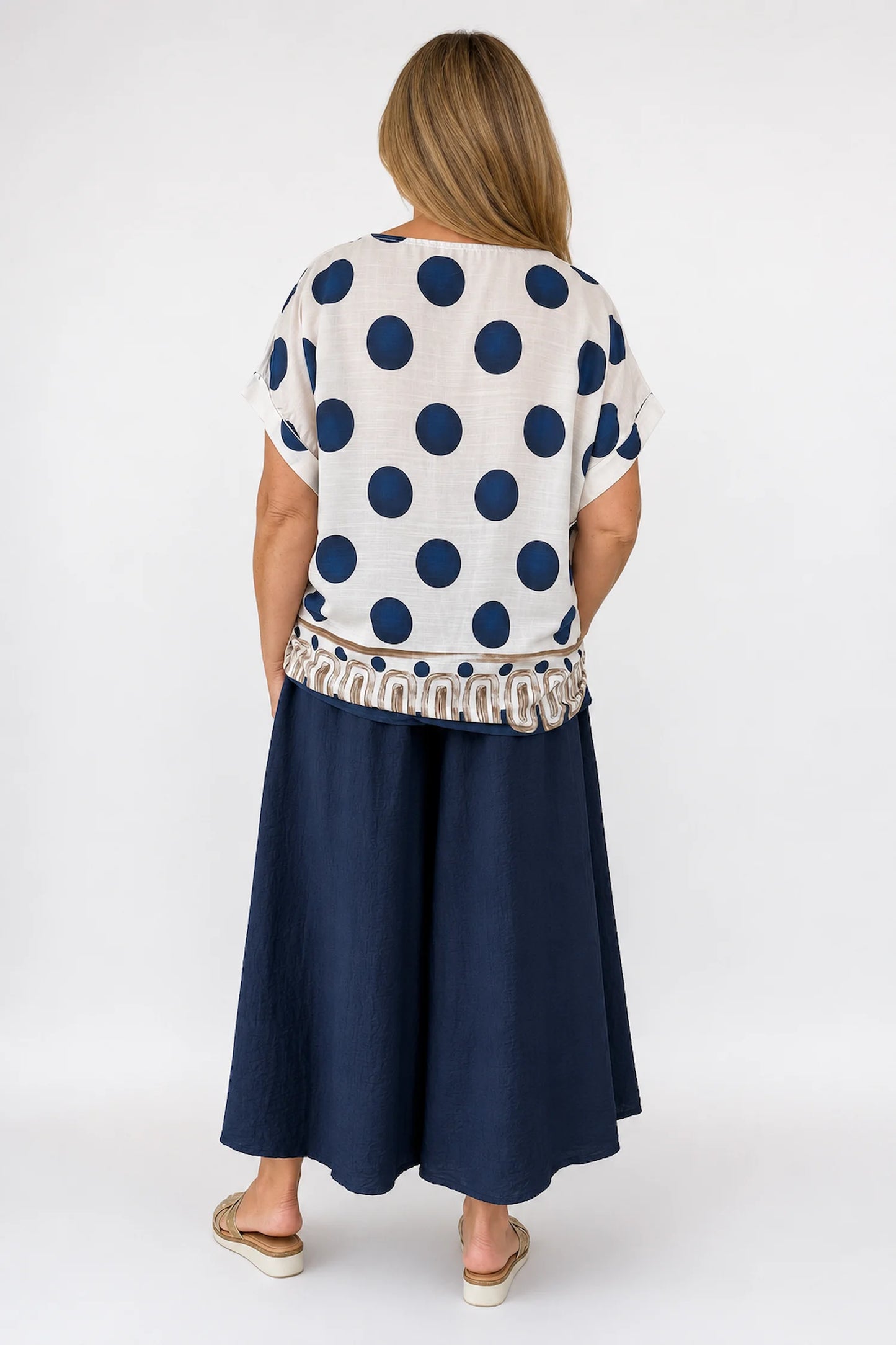 Elasticated Smocked Waist Wide Leg Flora Culotte Pants - Navy