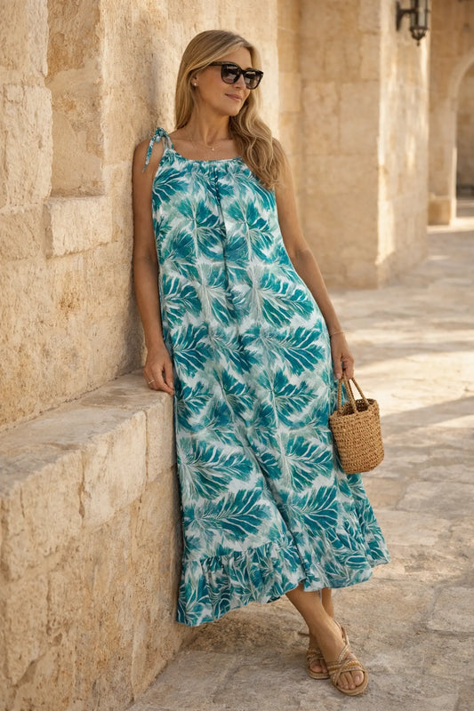 Cotton Adjustable Strap Italia Summer Breeze Maxi Dress - Mediterranean lagoon