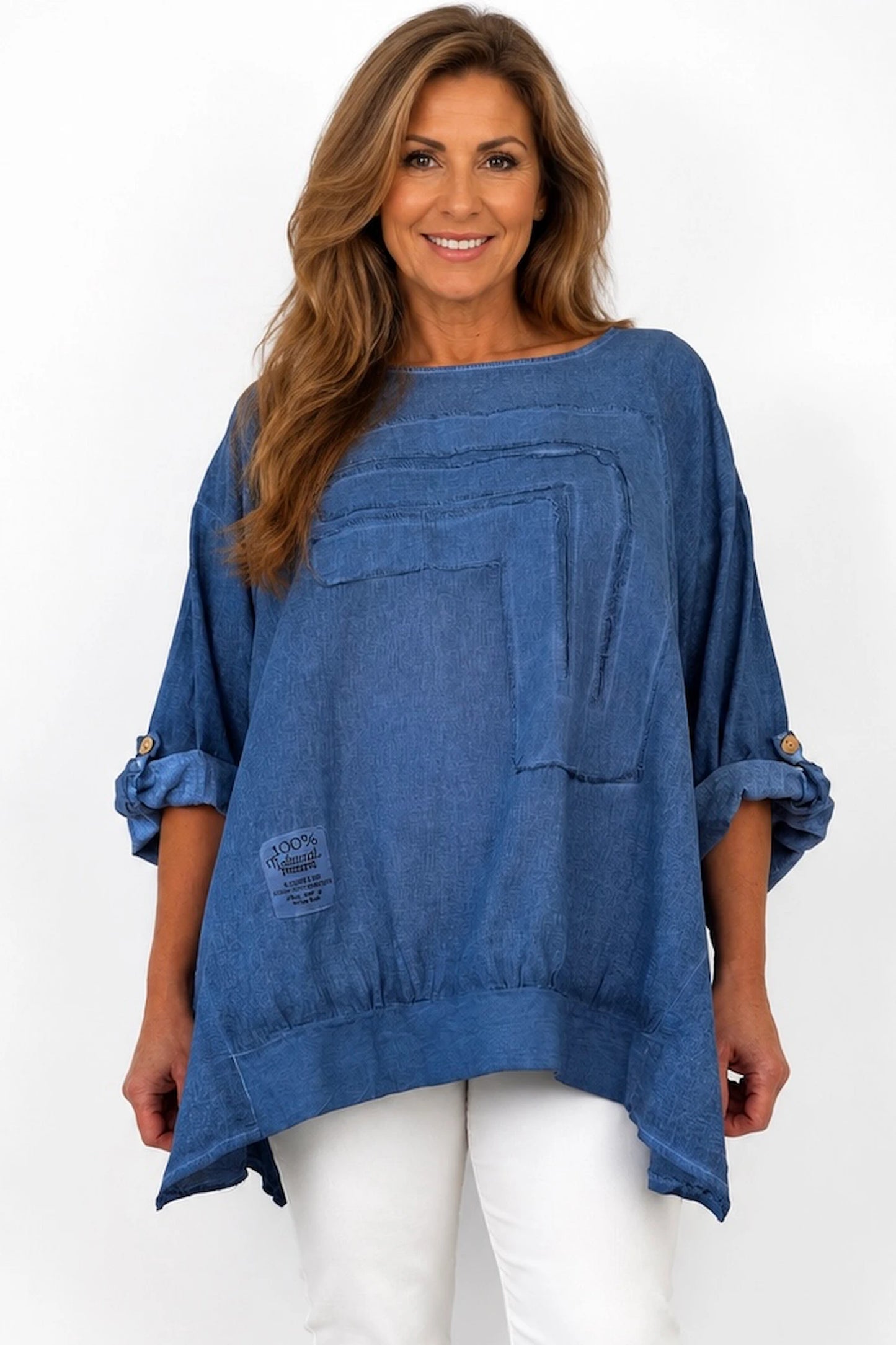 Linen Cotton Mix Button Sleeve Badge Detail Cliana Top - Washed Denim