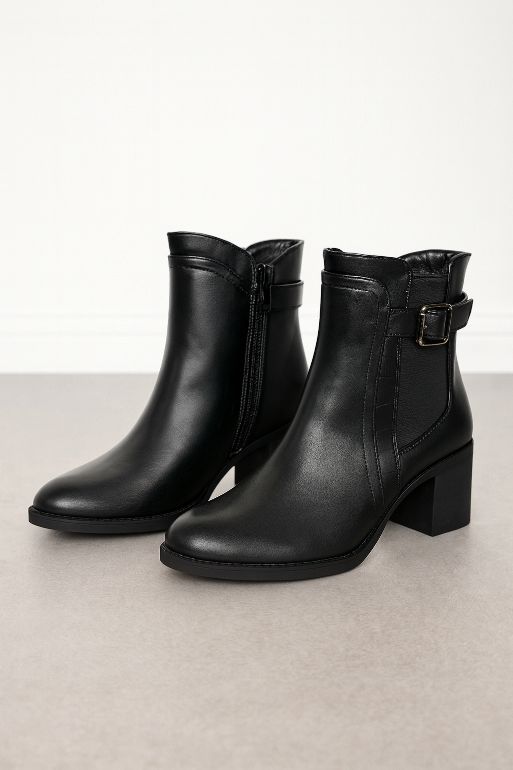 Mid Heel Faux Leather Irina Zipped Boot - Black
