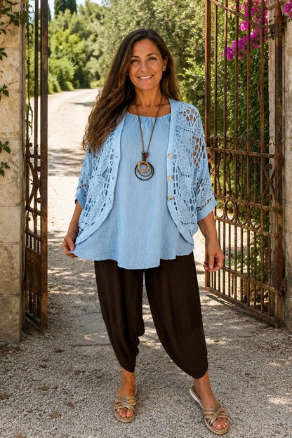 Pure Cotton Sadie Batwing Button Crochet Cardigan - Powder Blue