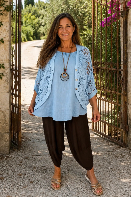Pure Cotton Sadie Batwing Button Crochet Cardigan - Powder Blue