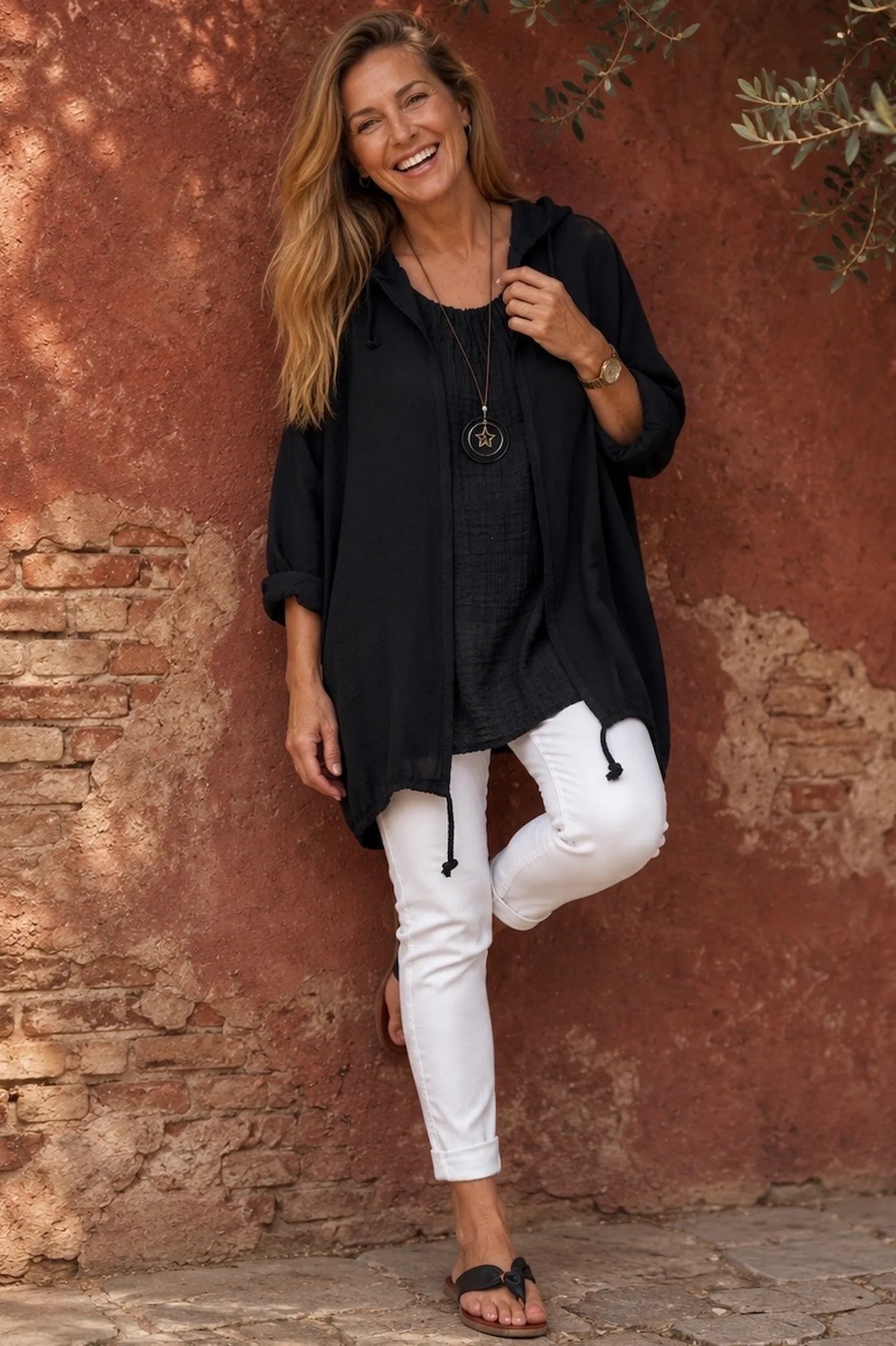 Drawstring Hem Lightweight Hooded Amirella Jacket - Black