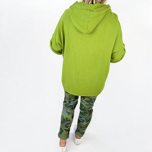 Badge Detail Button Sleeve Bubble Cotton Mara Pocket Hoodie - Lime Green