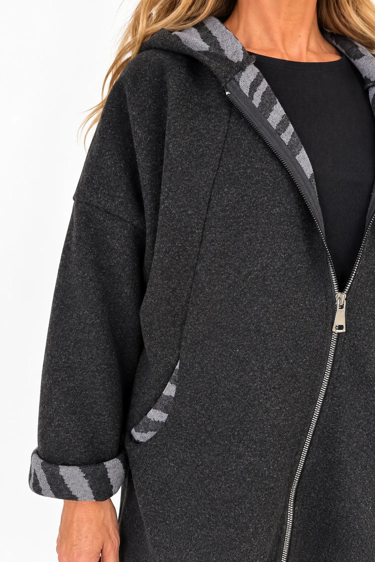 Double Pocket Zipped Contrast Animal Print Lined Valentina Brushed Hooded Coat - Fleck Black