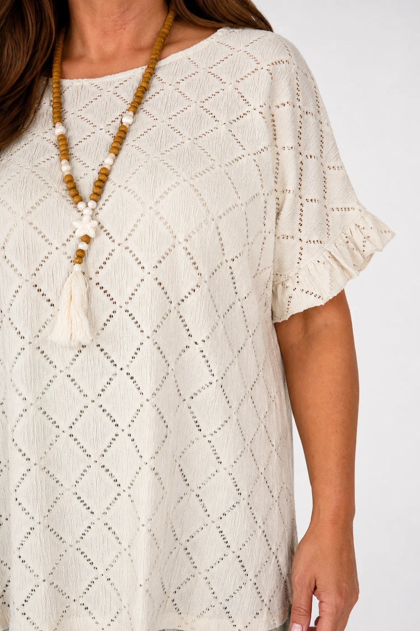 Lightly Textured Frill Sleeve Giana Necklace Top - Beige
