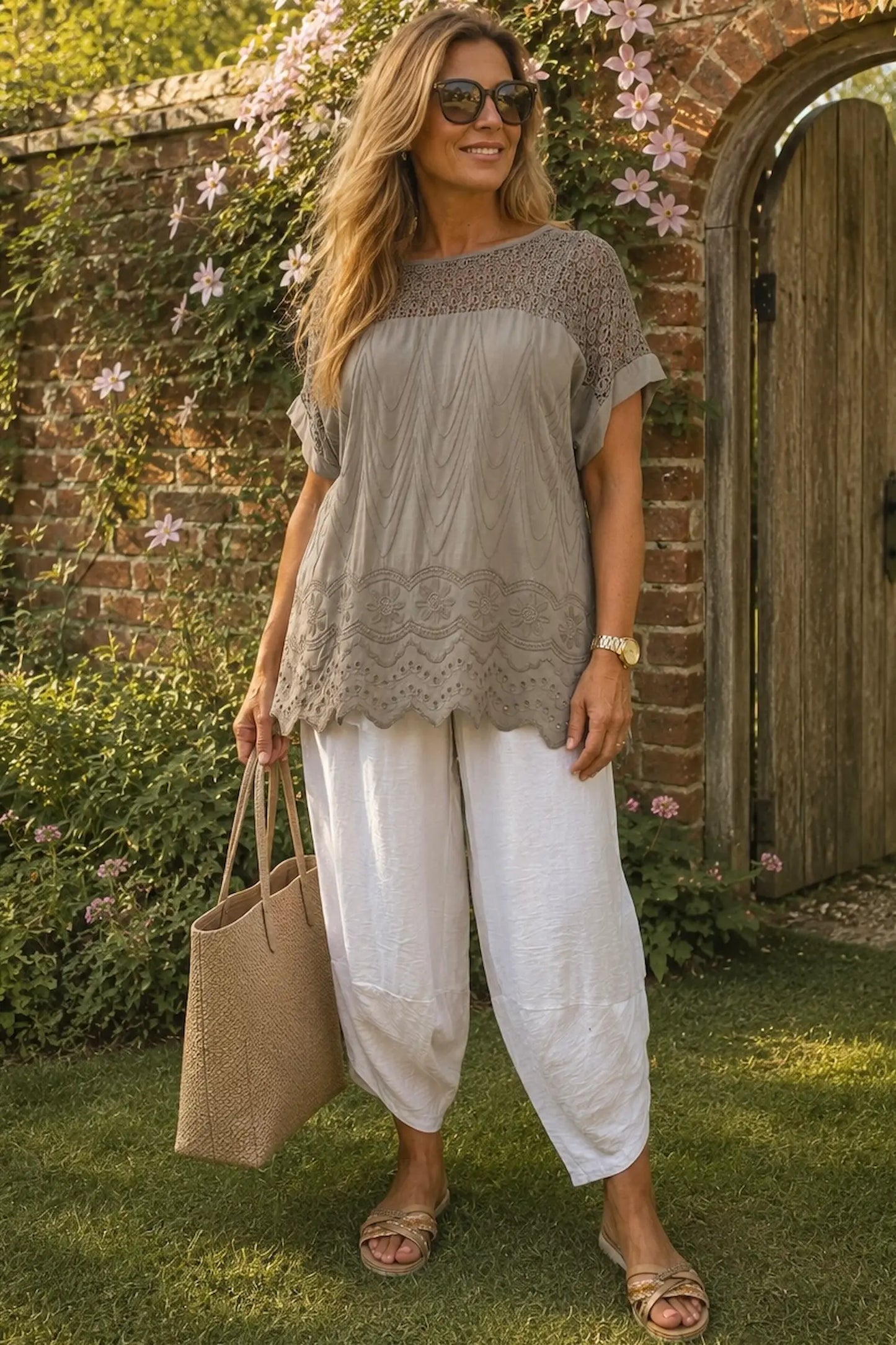 Crochet Detail Embroidery Anglaise Hem Francis Top - Mocha