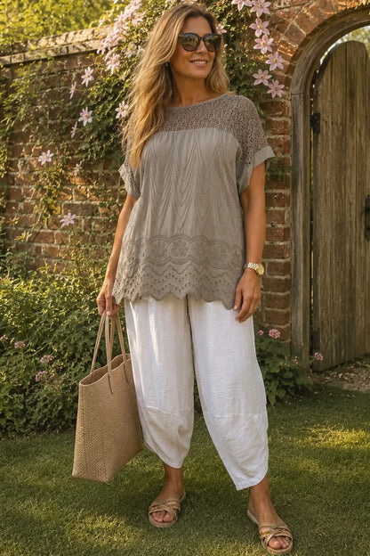 Crochet Detail Embroidery Anglaise Hem Francis Top - Mocha