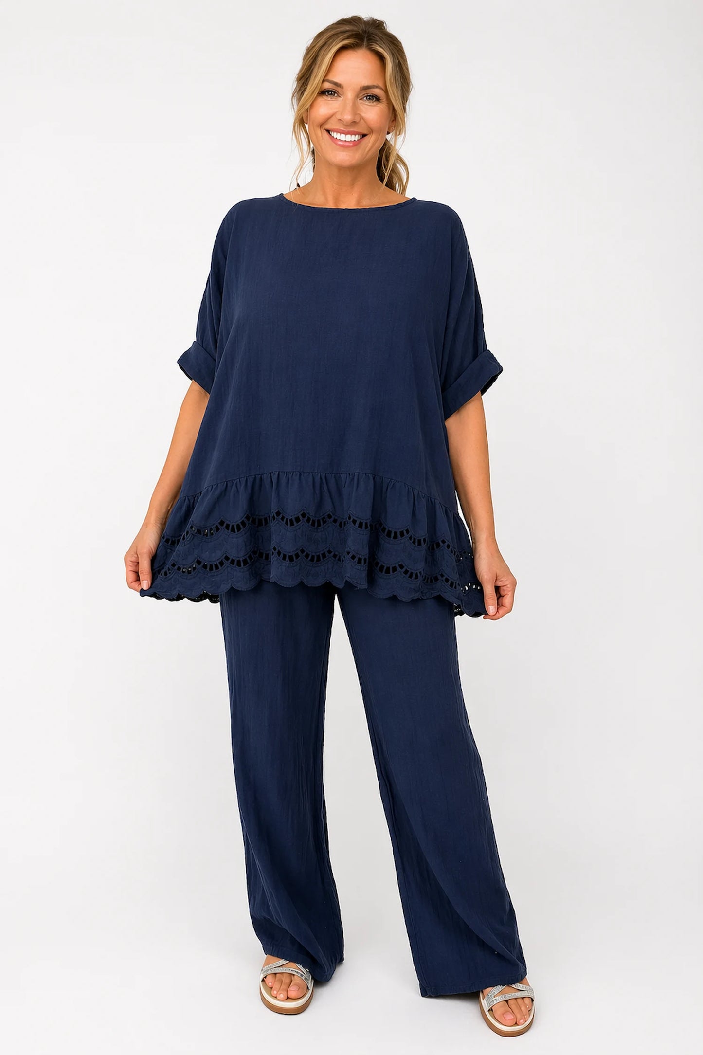 Pure Cotton Embroidery Anglaise Crochet Hem Caprina Top - Navy
