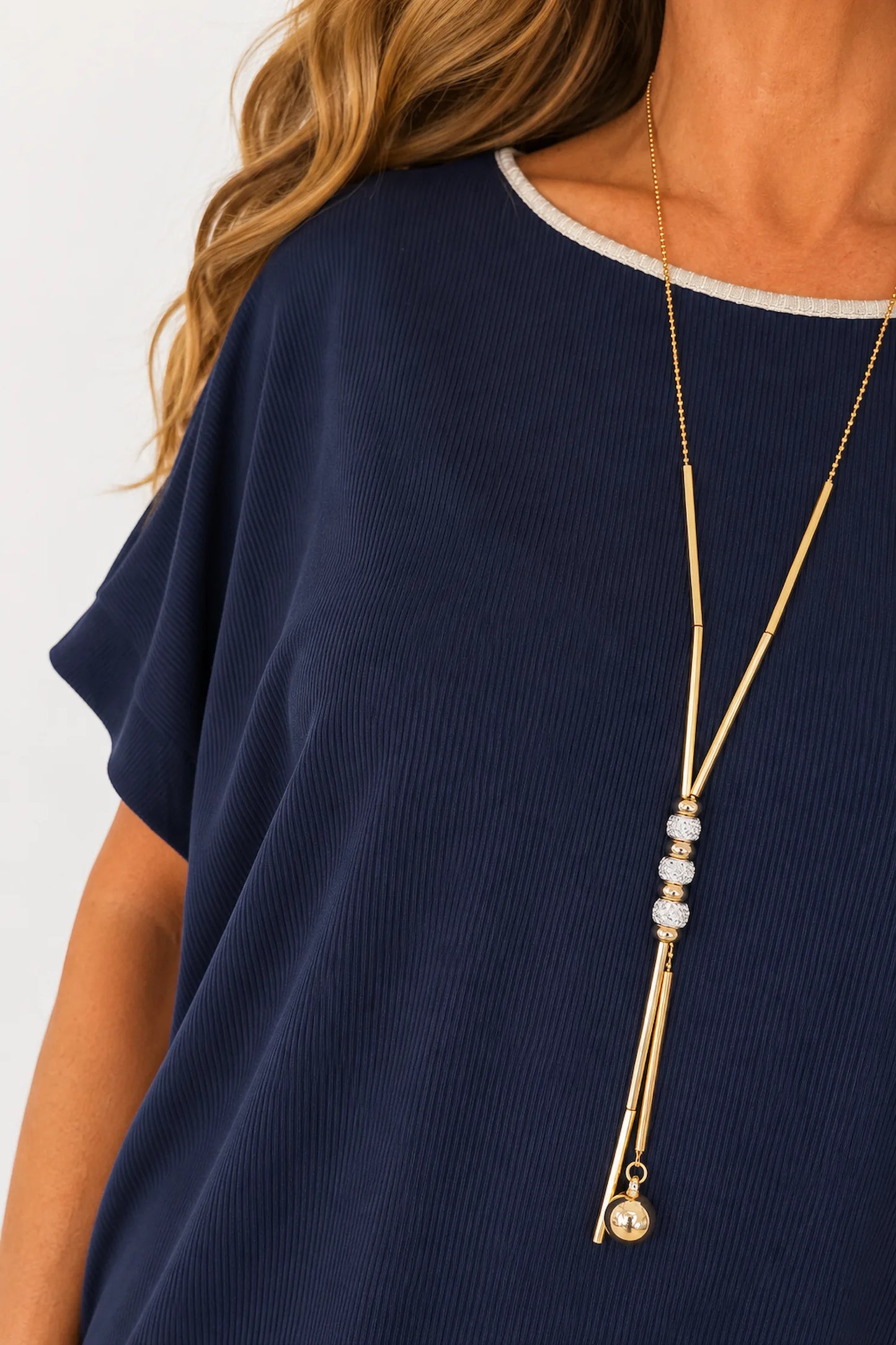 Fine Ribbed Gold Trim Sophia Necklace Top - Navy