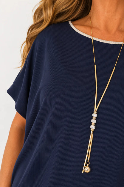 Fine Ribbed Gold Trim Sophia Necklace Top - Navy