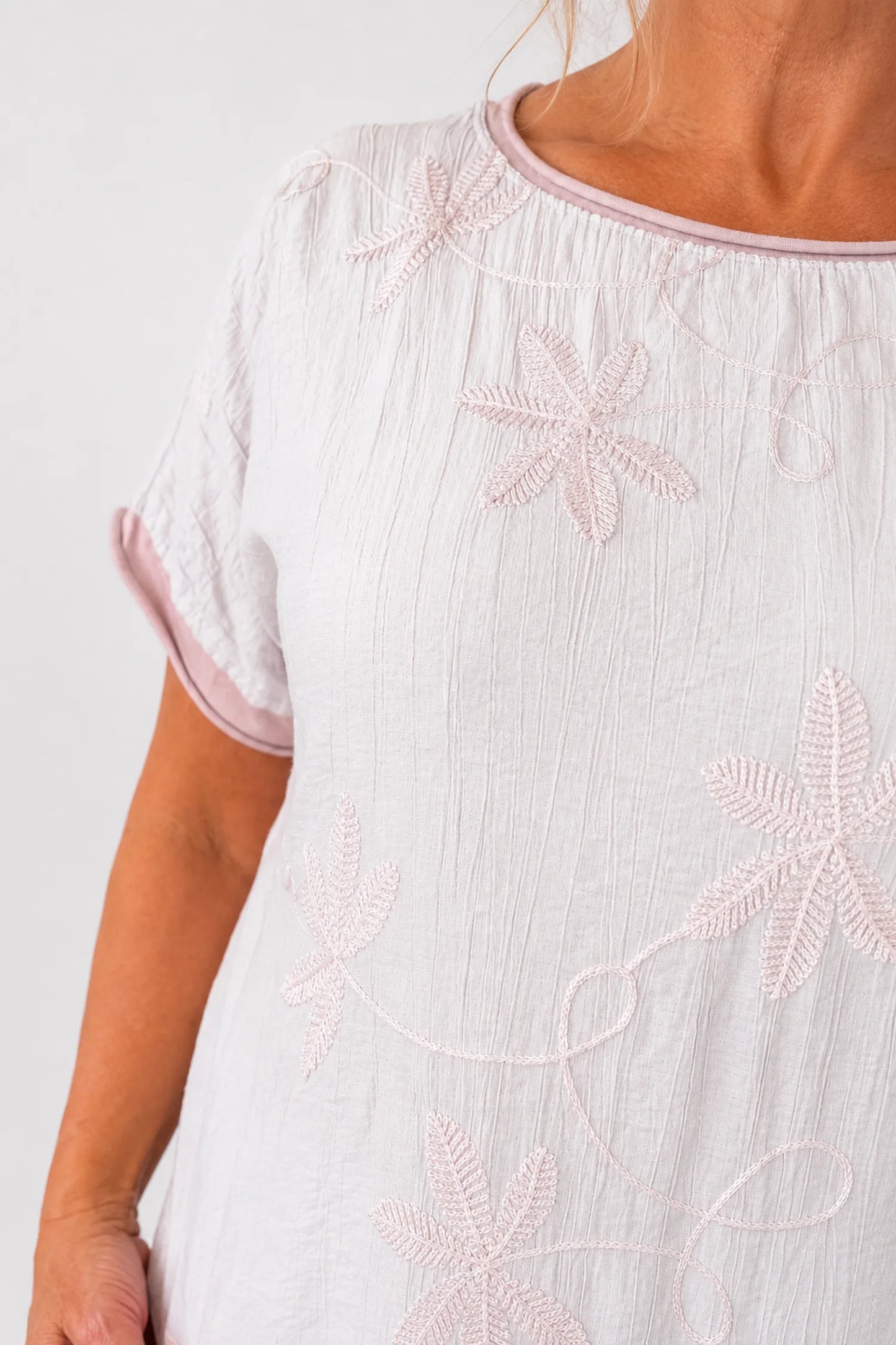 Cotton Drawstring Hem Embroidered Floral Marella Top - Sunwashed Pink