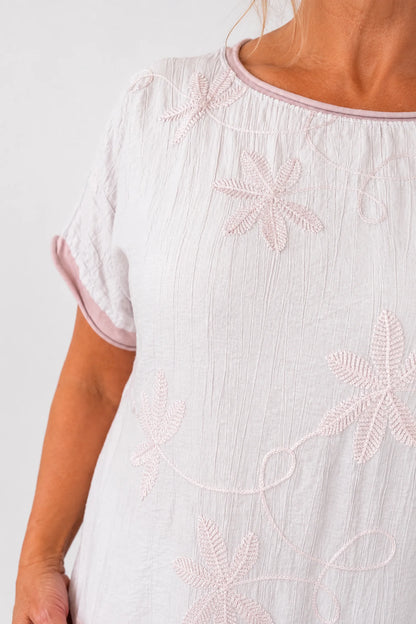 Cotton Drawstring Hem Embroidered Floral Marella Top - Sunwashed Pink