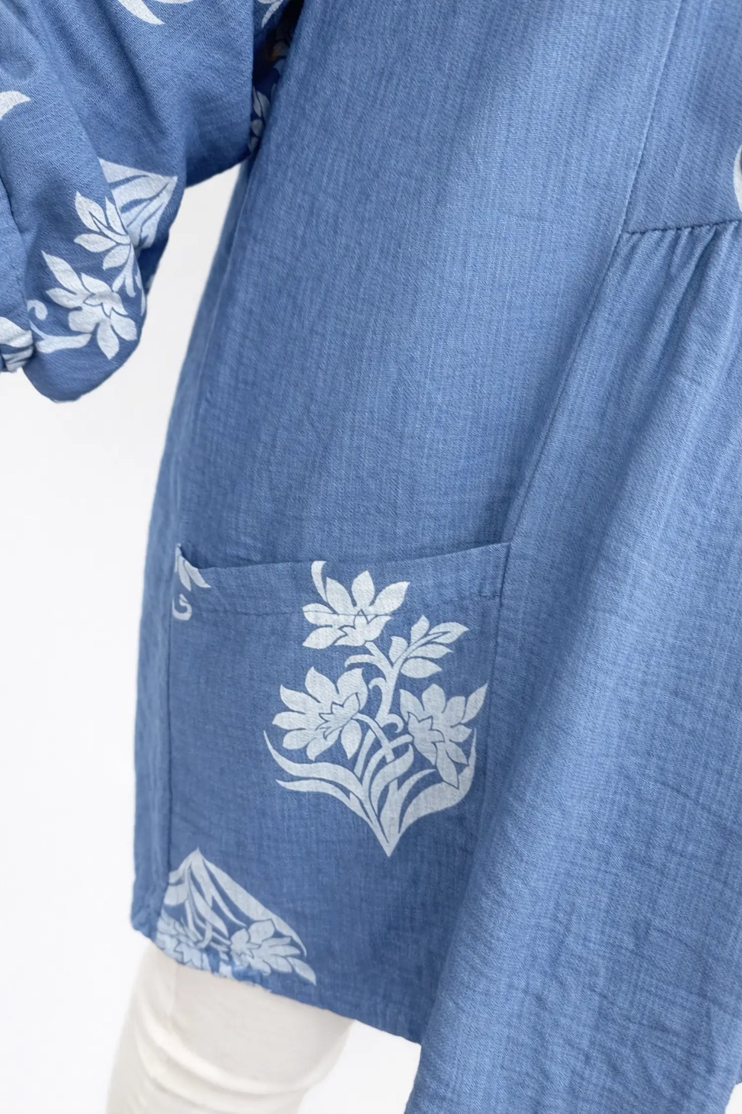 Button Sleeve Floral Double Pocket Chiara Button Shirt - Denim