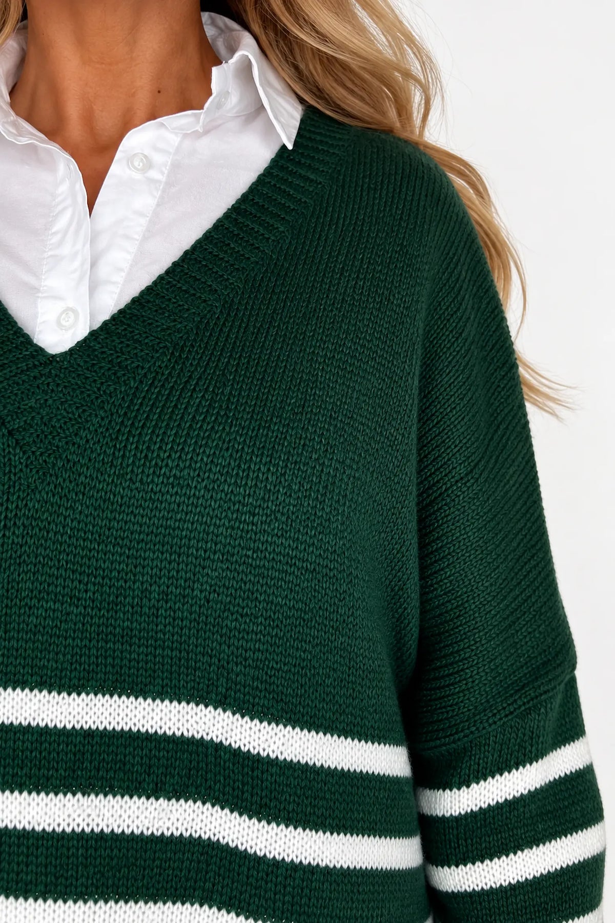 Wool Mix Stripped Diana Top - Emerald Green